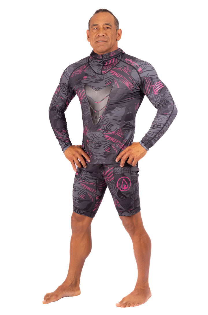 Rashguard de pesca submarina con capucha de espina de pescado rosa