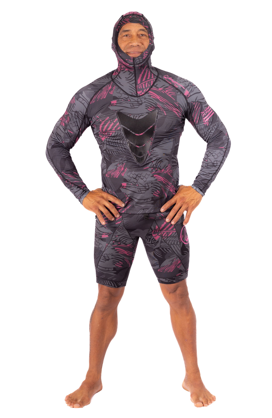 Rashguard de pesca submarina con capucha de espina de pescado rosa