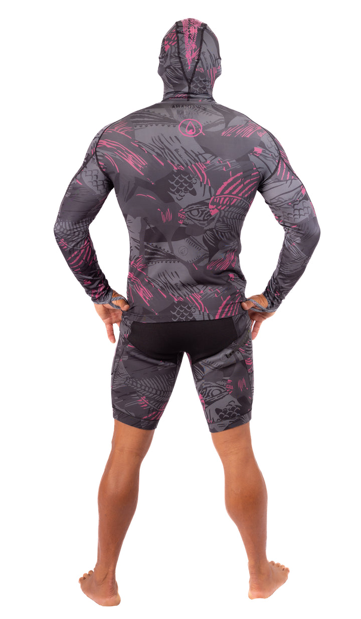 Rashguard de pêche sous-marine à capuche rose en arête de poisson