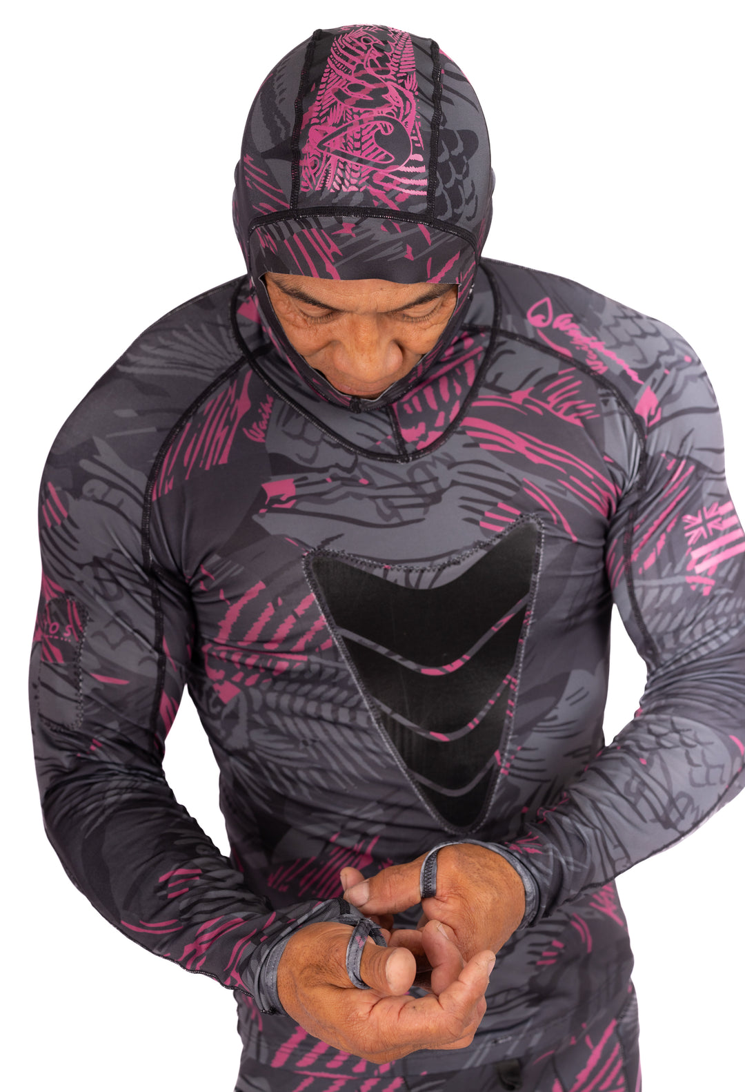 Rashguard de pesca submarina con capucha de espina de pescado rosa